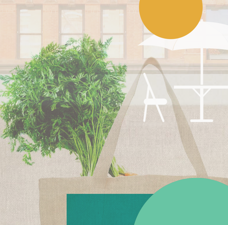 Abstract Urban scape featuring a shopping bag with fresh produce in muted tones.